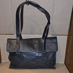 Tignanello Black Leather Messenger Bag with Fold-Over Flap
